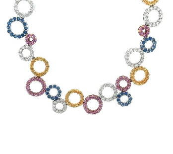 DIAMOND GOLD NECKACE 18K WHITE COLOR SAPPHIRE CIRCLE LINK COLLAR STYLE: This gorgeous colorful and flexible circle link collar necklace is crafted from 18k white gold featuring assorted size movable circle links with pink, blue and yellow sapphires in prong setting,