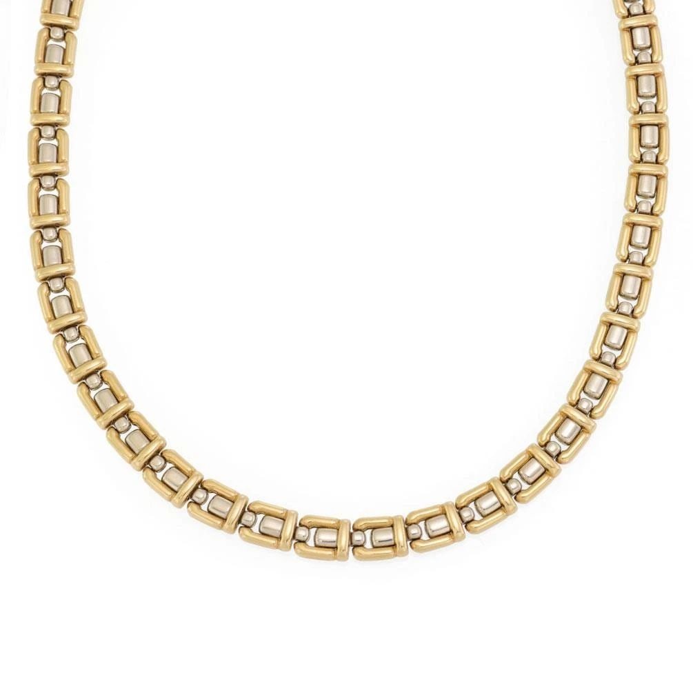 CHIMENTO 18K TWO TONE GOLD 8MM WIDE FANCY LINK COLLAR NECKLACE: Chimento 18k Two Tone Gold 8mm Wide Fancy Link Collar Necklace LIQUIDATION Description This lovely authentic collar necklace is by Chimento, crafted from 18k yellow and white gold featuring an 8mm wid