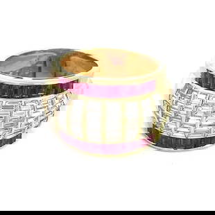 DIAMOND RUBY GOLD RING 5.50CT 18K YELLOW WIDE DOME BAND: DIAMOND RUBY GOLD RING 5.50CT 18K YELLOW WIDE DOME BAND This is a beautiful dome band, it is crafted from 18k yellow gold featuring the front half set with 8 strips of channel set baguette diamonds,
