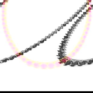 ESTATE 47.50CT DIAMOND RUBY 14K YELLOWGOLD GRADUATED COLLAR NECKLACE: Estate Diamond Ruby 14k Yellow Gold Graduated Collar Necklace Description This is a gorgeous Estate collar necklace, it is crafted from 14k yellow gold with a long slim rectangular shape links