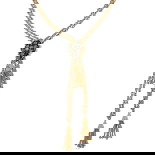 OPAL 14K GOLD TASSEL NECKLACE SLIDE DIAMOND PENDANT: OPAL 14K GOLD TASSEL NECKLACE SLIDE DIAMOND PENDANT Vintage Opal Diamond 14k Gold Tassel Slide Pendant Necklace LIQUIDATION Description This beautiful vintage slide pendant necklace is crafted from