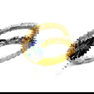 DIAMOND GOLD FISH WRAP BRACELET FISH ENAMEL & GEMS 14K YELLOW SCALE BAND: This amazing style bracelet features a long wrap scale design bracelet, it is crafted from 14k yellow gold with one end showing off a fish with blue enamel gemstone eye with diamond halo and a pearl