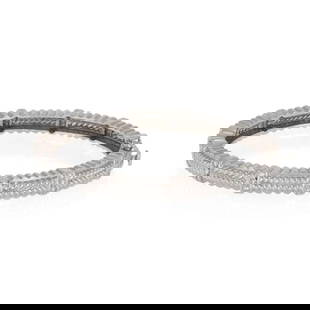 DIAMOND BANGLE 18K WHITE GOLD FANCY LEAF DESIGN HINGE BRACELET: DIAMOND BANGLE 18K WHITE GOLD FANCY LEAF DESIGN HINGE BRACELET 18k White Gold Diamond Fancy Leaf Design Hinge Bangle Description This lovely bangle bracelet is crafted from 18k white gold featuring an