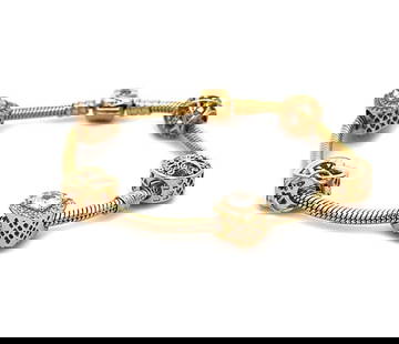 4907 PANDORA 14K YELLOW GOLD 5 SLIDE CHARMS SNAKE CHAIN BRACELET: 4907 PANDORA 14K YELLOW GOLD 5 SLIDE CHARMS SNAKE CHAIN BRACELET From the Classic Collection by Pandora, this 14k yellow gold snake chain bracelet has 5 slide charms, hearts, box round and ball shape,