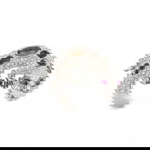 GORGEOUS  DIAMOND & GEMS 3D 18K WHITE GOLD LIZARD RING SIZE 6.25: GORGEOUS DIAMOND & GEMS 3D 18K WHITE GOLD LIZARD RING SIZE 6.25 This is an adorable, crafted ring, it features a 3D full figure lizard ring. The piece is well crafted in 18k white gold with a smooth,