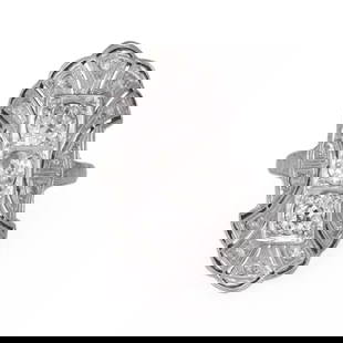 18K WHITE GOLD DIAMOND  ART DECO LONG FLORAL RING SIZE 6: 18K WHITE GOLD DIAMOND ART DECO LONG FLORAL RING SIZE 6 Art Deco Diamond 18k White Gold Long Floral Ring Size 6 Description This beautiful Art Deco long finger ring is crafted from 18k white gold feat