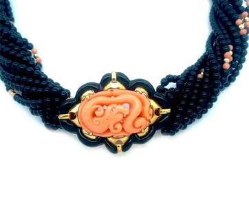 CORAL ONYX GOLD BEADED NECKLACE 18K DRAGON PENDANT/PIN 13 STRAND TORSADE: CORAL ONYX GOLD BEADED NECKLACE 18K DRAGON PENDANT/PIN 13 STRAND TORSADE This lovely eye-catching necklace has 13 strands of black onyx beads accented with sections of coral and 18k gold beads on each