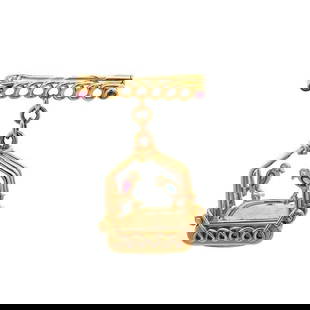 DIAMOND & GEMS 18K ROSE GOLD BIRD CAGE DANGLE WATCH FOB BROOCH: DIAMOND & GEMS 18K ROSE GOLD BIRD CAGE DANGLE WATCH FOB BROOCH This unique and interesting watch fob brooch is crafted from 18k rose gold featuring a triple split frame bird cage with glass on each
