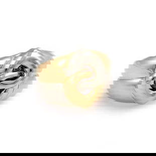 BVLGARI RING 18K TWO TONE GOLD INTERLOCKING HEART STACK BAND SIZE 4.75: BVLGARI RING 18K TWO TONE GOLD INTERLOCKING HEART STACK BAND SIZE 4.75 This bold impressive authentic ring is by Bvlgari, it is crafted from 18k yellow and white gold with a polished finish featuring