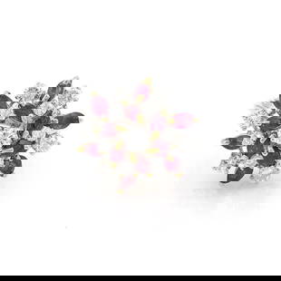 ESTATE 3.05CT DIAMOND & RUBY 18K GOLD FLORAL CLUSTER RING LIQUIDATION!!: ESTATE 3.05CT DIAMOND & RUBY 18K GOLD FLORAL CLUSTER RING LIQUIDATION!! Estate 3.05ct Diamond & Ruby 18k Gold Floral Cluster Ring LIQUIDATION!! Description This is a magnificent yellow and white gold,