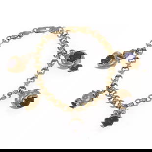 14K YELLOW GOLD LAPIS PEARLS RUBY CHARMS CHAIN BRACELET: 14K YELLOW GOLD LAPIS PEARLS RUBY CHARMS CHAIN BRACELET 14k Yellow Gold Lapis Pearls Ruby Charms Chain Bracelet Description This lovely bracelet is crafted from 14k yellow gold featuring 5 dangling ch