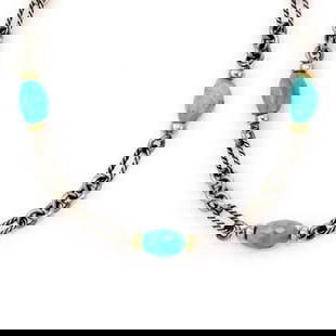 DAVID YURMAN TURQUOISE NECKLACE 925 SILVER 18K YELLOW GOLD 3 STATION: DAVID YURMAN TURQUOISE NECKLACE 925 SILVER 18K YELLOW GOLD 3 STATION David Yurman Turquoise 925 Silver 18k Yellow Gold 3 Station Necklace Description This lovely authentic necklace is by David