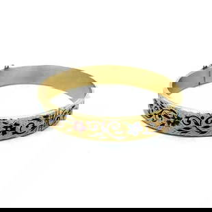 VINTAGE GOLD ENAMEL BRACELET 14K YELLOW WIDE HINGED FLORAL STYLE: VINTAGE GOLD ENAMEL BRACELET 14K YELLOW WIDE HINGED FLORAL STYLE This lovely vintage wide band hinged bracelet is crafted from 14k yellow gold featuring a 10mm wide band with push lock clasp. Around