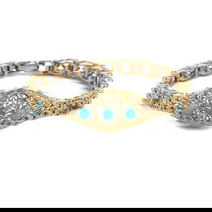 TURQUOISE GOLD BRACELET VINTAGE FILIGREE 14K YELLOW CENTERPIECE W/BAND: This adorable vintage 14k yellow gold bracelet features small round turquoise gemstone set in a beautiful filigree centerpiece and tapers off with rectangle shape filigree link band, it secures with