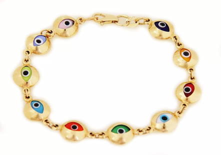 CLASIC 14K YELLOW GOLD MULTICOLOR BEADS EVIL EYE LINK BRACELET LIQUIDATION: CLASIC 14K YELLOW GOLD MULTICOLOR BEADS EVIL EYE LINK BRACELET LIQUIDATION Clasic 14k Yellow Gold Multicolor Beads Evil Eye Link Bracelet LIQUIDATION Description This is a lovely double side design