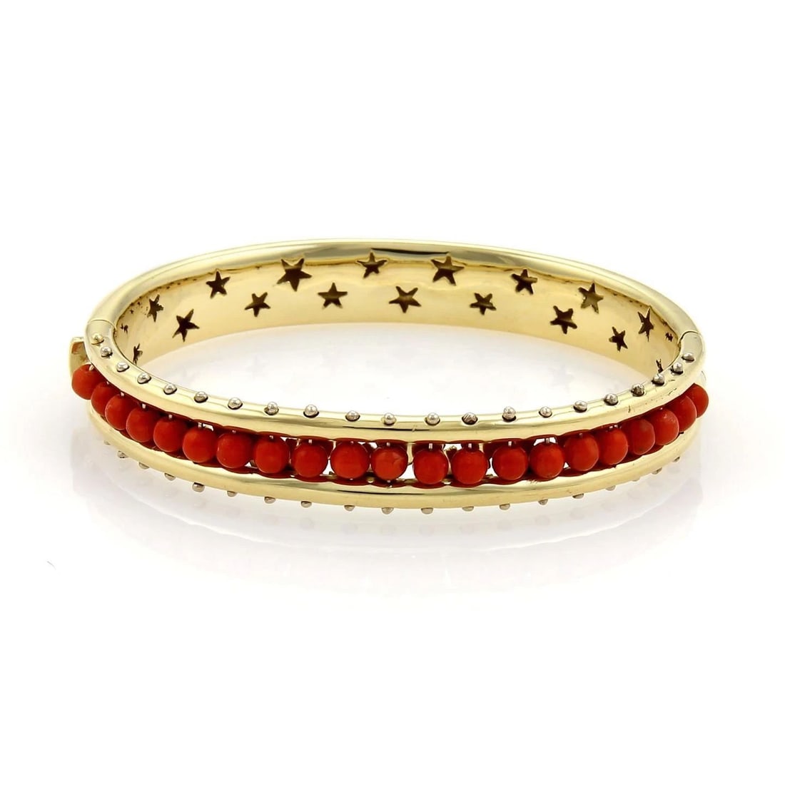 H. STERN 18K YELLOW GOLD CORAL BEAD FANCY WIDE BANGLE BRACELET: H. STERN 18K YELLOW GOLD CORAL BEAD FANCY WIDE BANGLE BRACELET H.Stern 18k Yellow Gold Coral Bead Fancy Wide Bangle Bracelet This is an authentic bracelet from H.Stern, it is crafted from solid 18k ye
