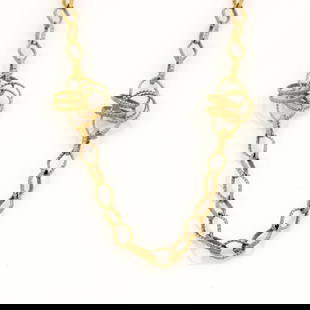 14K NECKLACE YELLOW GOLD INTERLACED STATION LONG FANCY LINK 39" LONG: 14K NECKLACE YELLOW GOLD INTERLACED STATION LONG FANCY LINK 39" LONG Retro 14k Yellow Gold Interlaced Station Long Fancy Link Necklace This is a magnificent vintage retro era long necklace, it is well