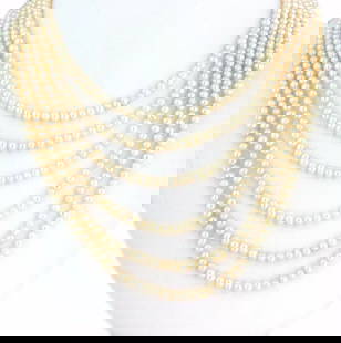 PEARLS MULTI-STRAND GOLD NECKLACE 18K YELLOW LAYERED LONG STRANDS: PEARLS MULTI-STRAND GOLD NECKLACE 18K YELLOW LAYERED LONG STRANDS This beautiful long vintage necklace features a 32 inches long 6 strands pearl necklace, there are 2 open style 18k yellow gold rings,