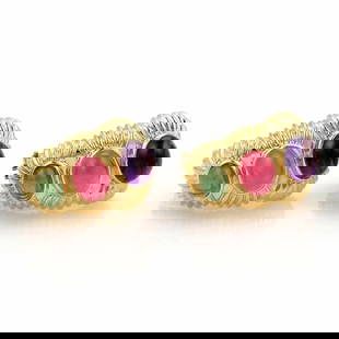 AMETHYST & TOURMALINE 18K CARATS 18K GOLD CURVED HUGGIE POST CLIP EARRINGS: AMETHYST & TOURMALINE 18K CARATS 18K GOLD CURVED HUGGIE POST CLIP EARRINGS Amethyst & Tourmaline 18k Carats 18k Gold Curved Huggie Post Clip Earrings This is a gorgeous and elite pair of Estate earrin