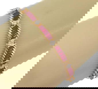 RUBY 14K GOLD BRACELET DIAMOND NATURAL 15.2 CT TENNIS PINK GOLD: RUBY 14K GOLD BRACELET DIAMOND NATURAL 15.2 CT TENNIS PINK GOLD Estate 15.20ct Diamond Ruby 14k Rose Gold Bar Link Bracelet 7" Long Description This beautiful bracelet is crafted from 14k rose gold
