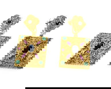 EMERALD RUBY SAPPHIRE EARRINGS 18K YELLOW GOLD ETRUSCAN BYZANTINE: EMERALD RUBY SAPPHIRE EARRINGS 18K YELLOW GOLD ETRUSCAN BYZANTINE Estate 3.70ct Multicolor Gems 18k Yellow Gold Screw Back Dangle Earrings Description These beautiful earrings are crafted from 18k yel
