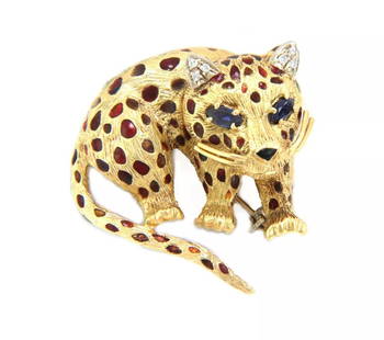 ESTATE SAPPHIRE DIAMOND ENAMEL 18K GOLD BABY CHEETAH BROOCH: ESTATE SAPPHIRE DIAMOND ENAMEL 18K GOLD BABY CHEETAH BROOCH Estate Sapphire Diamond Enamel 18k Gold Baby Cheetah Brooch Description This is an adorable Estate brooch, crafted from 18k yellow gold feat