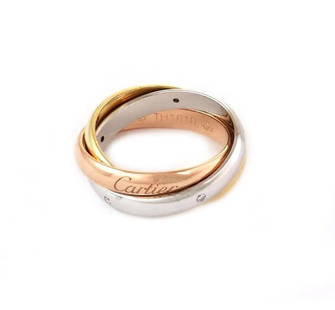 CARTIER TRINITY DIAMOND RING 18K TRICOLOR GOLD 3.5MM 3 BAND SIZE 54 US-7: CARTIER TRINITY DIAMOND RING 18K TRICOLOR GOLD 3.5MM 3 BAND SIZE 54 US-7 Cartier Trinity Diamond 18k Tricolor Gold 3.5mm 3 Band Ring Size 54 US-7 Description The authentic Trinity collection by Cartie