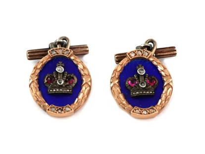 VICTORIAN ENAMEL CUFFLINKS DIAMOND 14K ROSE GOLD CUFFLINKS: VICTORIAN ENAMEL CUFFLINKS DIAMOND 14K ROSE GOLD CUFFLINKS This is a vintage pair of flex chain cufflinks, they are crafted from 14k rose and darkened sterling silver featuring oval shape frames with