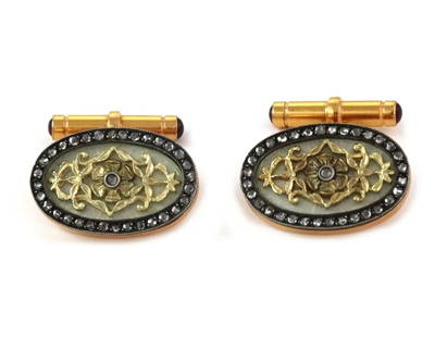 DIAMOND RUBY CUFFLINKS ROSE CUT VINTAGE ENAMEL 14K GOLD YELLOW GOLD: DIAMOND RUBY CUFFLINKS ROSE CUT VINTAGE ENAMEL 14K GOLD YELLOW GOLD This is a gorgeous vintage pair of chain cufflinks. They are crafted from 14k rose and yellow gold featuring oval shape frame with w