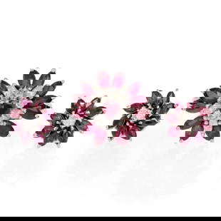 ESTATE 6.40CT DIAMOND RUBY 18K WHITE GOLD FLORAL STUD EARRINGS & RING SET: ESTATE 6.40CT DIAMOND RUBY 18K WHITE GOLD FLORAL STUD EARRINGS & RING SET Estate 6.40ct Diamond Ruby 18k White Gold Floral Stud Earrings & Ring Set Description This is a beautiful earrings and ring se