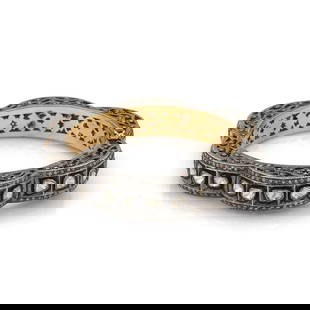 ART DECO STYLE 5.50CT CHAMPAGNE DIAMOND 14K GOLD & SILVER FANCY FILIGREE BANGLE: ART DECO STYLE 5.50CT CHAMPAGNE DIAMOND 14K GOLD & SILVER FANCY FILIGREE BANGLE Art Deco Style 5.50ct Champagne Diamond 14k Gold & Silver Fancy Filigree Bangle Description This is a hinged wave design