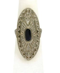 ART DECO 2.20CT DIAMOND SAPPHIRE PLATINUM 18K YELLOW GOLD LONG FINGER RING: ART DECO 2.20CT DIAMOND SAPPHIRE PLATINUM 18K YELLOW GOLD LONG FINGER RING Art Deco 2.20ct Diamond Sapphire Platinum 18k Yellow Gold Long Finger Ring Description This is an Art Deco platinum and 18k y