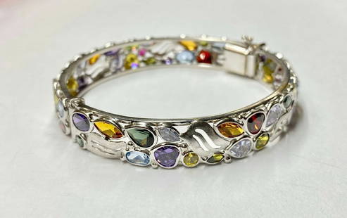 WOMEN’S 14K WHITE GOLD BANGLE WITH MULTIPLE NATURAL COLORED STONES: WOMEN’S 14K WHITE GOLD BANGLE WITH MULTIPLE NATURAL COLORED STONES Women’s 14k White Gold Bangle with Multiple Natural Colored Stones You are bidding on a pre-owned Women’s 14k White Gold Bangle