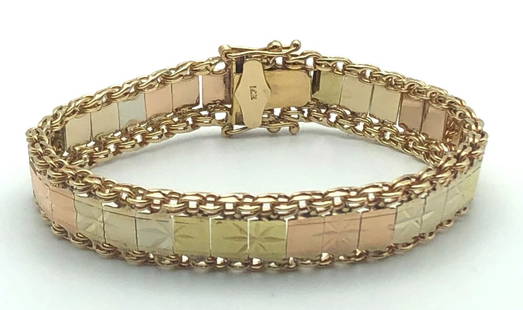 14K TRI TONE WHITE/YELLOW/ROSE GOLD BRACELET 12MM  7.5"   27.3 GRAMS: 14K TRI TONE WHITE/YELLOW/ROSE GOLD BRACELET 12MM 7.5" 27.3 GRAMS 14k Tri Tone white/yellow/rose gold Bracelet 12mm 7.5" 27.3 grams Condition: Used Material: 14k Yellow Gold, with White, Rose, Yellow