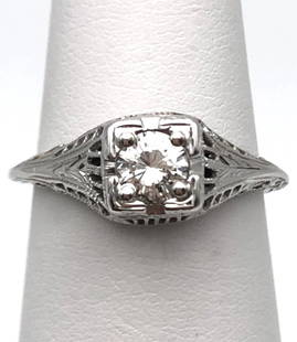 18K WHITE GOLD FILIGREE STYLE RING WITH SOLITAIRE 0.35CT DIAMOND   SIZE: 6: 18K WHITE GOLD FILIGREE STYLE RING WITH SOLITAIRE 0.35CT DIAMOND SIZE: 6 18k White Gold Filigree style Ring with center 0.35ct Diamond Condition: Used, has been cleaned Material: 18k White Gold Ring S