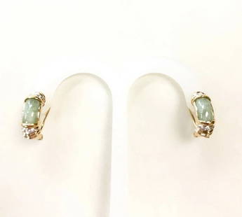14K YELLOW GOLD EARRINGS OMEGA BACKS WITH JADE AND DIAMONDS: 14K YELLOW GOLD EARRINGS OMEGA BACKS WITH JADE AND DIAMONDS 14k Yellow Gold Earrings Omega backs with Jade and Diamonds You are bidding on a 14k Yellow Gold Earrings Omega backs with Jade and Diamonds