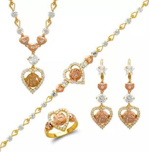 NEW 14K TWO TONE GOLD FANCY SET BRACELET  RING NECKLACE EARRINGS: NEW 14K TWO TONE GOLD FANCY SET BRACELET RING NECKLACE EARRINGS 14K Two Tone Gold Approx. Measurements: Bracelet- 4mm Wide (14mm Center), Earrings- 14x40mm, Necklace- 4mm Wide (14x25mm Pendant), Ring-