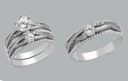 14K GOLD TRIO WEDDING SET CZ ENGAGEMENT RING BANDS 3pcs: NEW 14K WHITE GOLD WEDDING SET New 14K White solid gold wedding rings set 3 rings total (can easily be resized by your local jeweler) 2 Ladies Rings Size - 7 1 Men's Ring Size - 10 Polished / Satin Fi