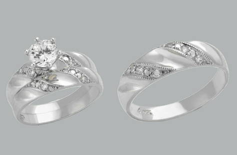 14K GOLD TRIO WEDDING SET CZ ENGAGEMENT RING BANDS 3pcs: NEW 14K WHITE GOLD WEDDING SET New 14K White solid gold wedding rings set 3 rings total (can easily be resized by your local jeweler) 2 Ladies Rings Size - 7 1 Mens Ring Size - 10 Polished finish Apx