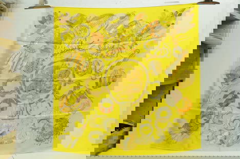 AUTHENTIC HERMES SILK SCARF BRACELETS DE LUMIERE YELLOW ANNIE FAIVRE 90CM CARRE: AUTHENTIC HERMES SILK SCARF BRACELETS DE LUMIERE YELLOW ANNIE FAIVRE 90CM CARRE Bracelets of Light Annie Faivre Manufactured: France 2018 Female, Ladies Height & Width: 90cm (35.4 inches) Fashion, Bra