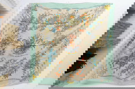AUTHENTIC HERMES SILK SCARF LES FETES DU ROI SOLEIL AQUAMARINE DUCHENE VINTAGE: AUTHENTIC HERMES SILK SCARF LES FETES DU ROI SOLEIL AQUAMARINE DUCHENE VINTAGE The Holidays of the Sun King Michel Duchene Manufactured: France 1995 Female, Ladies 100% Silk Height & Width: 90cm (35.4