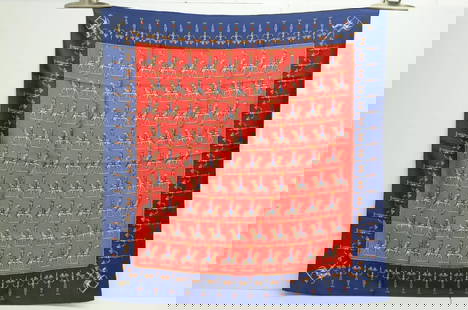 AUTHENTIC HERMES LES ARTIFICIERS VINTAGE SCARF 90CM SILK DUCHENE RED BLUE HORSE: AUTHENTIC HERMES LES ARTIFICIERS VINTAGE SCARF 90CM SILK DUCHENE RED BLUE HORSE The Artificers Michel Duchene Manufactured: France 1987 Height: 90cm (35.4 inch) Width: 90cm (35.4 inch) 100% Silk Eques