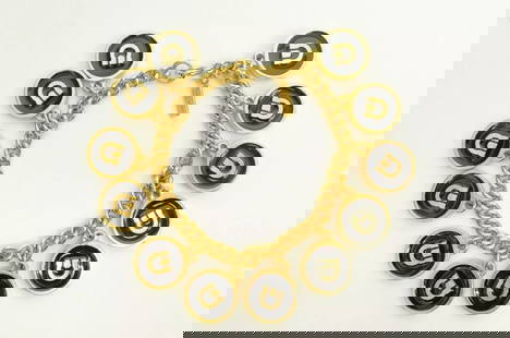 AUTHENTIC FERRAGAMO GANCINI GP BLACK OMEGA STYLE LOGO BRACELET GP EMBLEM JEWELRY: AUTHENTIC FERRAGAMO GANCINI GP BLACK OMEGA STYLE LOGO BRACELET GP EMBLEM JEWELRY Salvatore Ferragamo Vintage Chain Pendant Bracelet Jewelry Accessory Gancini Model Omega Design Ladies, Womens, Female