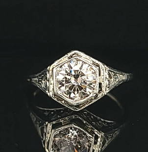 18K WHITE GOLD VINTAGE ENGAGEMENT RING 1.10CT.EURO CUT ROUND  CHAMPAGNE DIAMOND: 18K WHITE GOLD VINTAGE ENGAGEMENT RING 1.10CT.EURO CUT ROUND CHAMPAGNE DIAMOND Gorgeous Vintage 18k white gold Engagement ring filigree art deco round euro cut natural light champagne Diamond circ 193