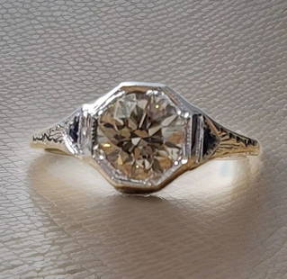 18K WHITE GOLD VINTAGE  ENGAGEMENT RING 1.25CT ROUND CHAMPAGNE DIAMOND  GIA CERT: 18K WHITE GOLD VINTAGE ENGAGEMENT RING 1.25CT ROUND CHAMPAGNE DIAMOND GIA CERT This stunning 18k white gold ring is the perfect choice for any special occasion, from anniversaries to birthdays, or eve