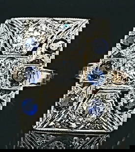 14K WHITE GOLD VINTAGE  NATURAL OLD MINE CUT   SAPPHIRE DIAMOND RING 1.65CT: 14K WHITE GOLD VINTAGE NATURAL OLD MINE CUT SAPPHIRE DIAMOND RING 1.65CT Gorgeous Vintage art deco Natural old mine cut diamond blue sapphire 14k yellow white gold ring center set three old mine cut n