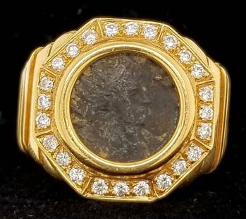 VINTAGE 18K YELLOW GOLD ANTIQUE COIN RING: VINTAGE 18K YELLOW GOLD ANTIQUE COIN RING GORGEOUS VINTAGE 18K YELLOW GOLD Coin RING Set center antique Coin size 11.3mm Set side natural diamond 0.50ct SI1-H RING size 7 Retail value $5,750 net. Appr