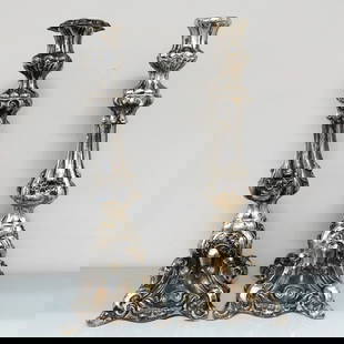 STERLING SILVER BAROQUE STYLE CANDLESTICK HOLDER PAIR SET - 15 1/4" TALL: STERLING SILVER BAROQUE STYLE CANDLESTICK HOLDER PAIR SET - 15 1/4" TALL Sterling Silver Baroque Style Candlestick Holder Pair Set Made In Israel Height - 15 1/4" Tall Base Width - 5 1/2" Top Width -