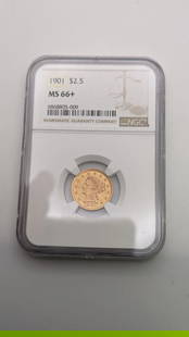 1901 $2.5 GOLD LIBERTY HEAD QUARTER EAGLE COIN NGC MS66+: 1901 $2.5 Gold Liberty Head Quarter Eagle NGC MS 66+ Book Value - $2550