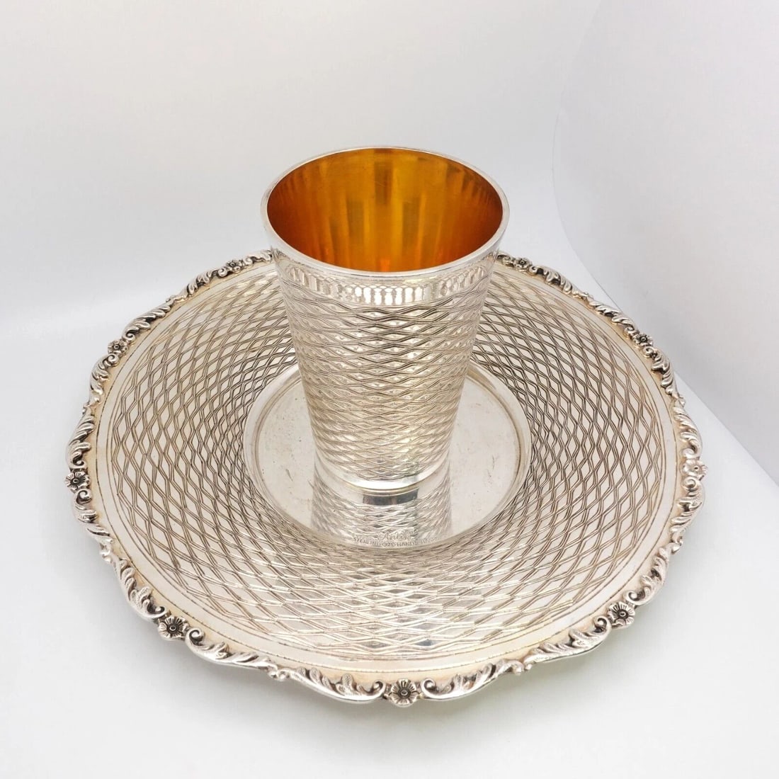 ANTIK STERLING SILVER DIAMOND HAND CHASED CHOSSON KIDDUSH CUP & TRAY SET (1 of 2)